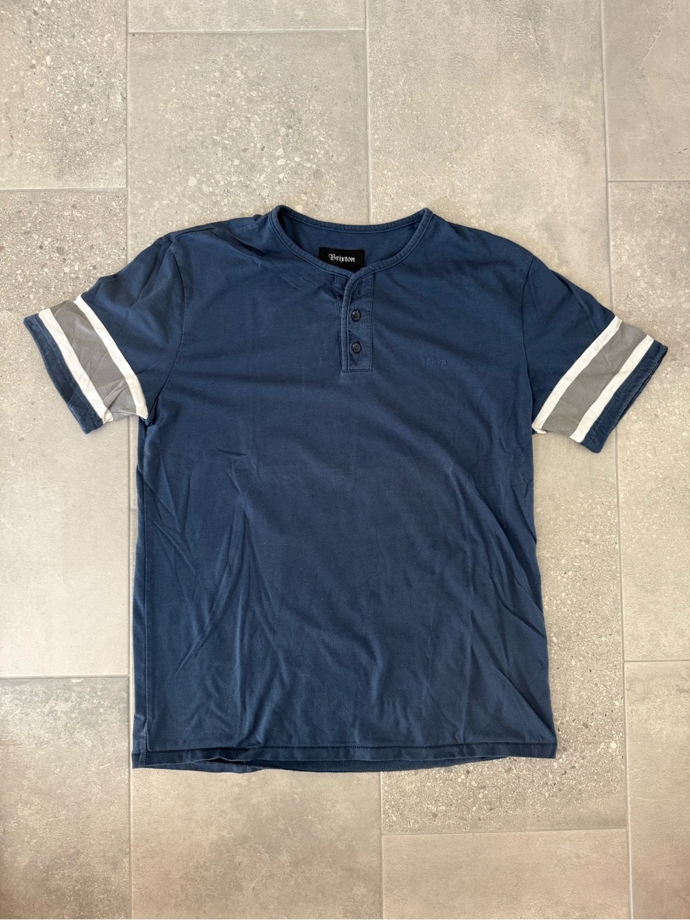 Brixton Navy Short-Sleeve Henley with Gray and White Striped Sleeves
